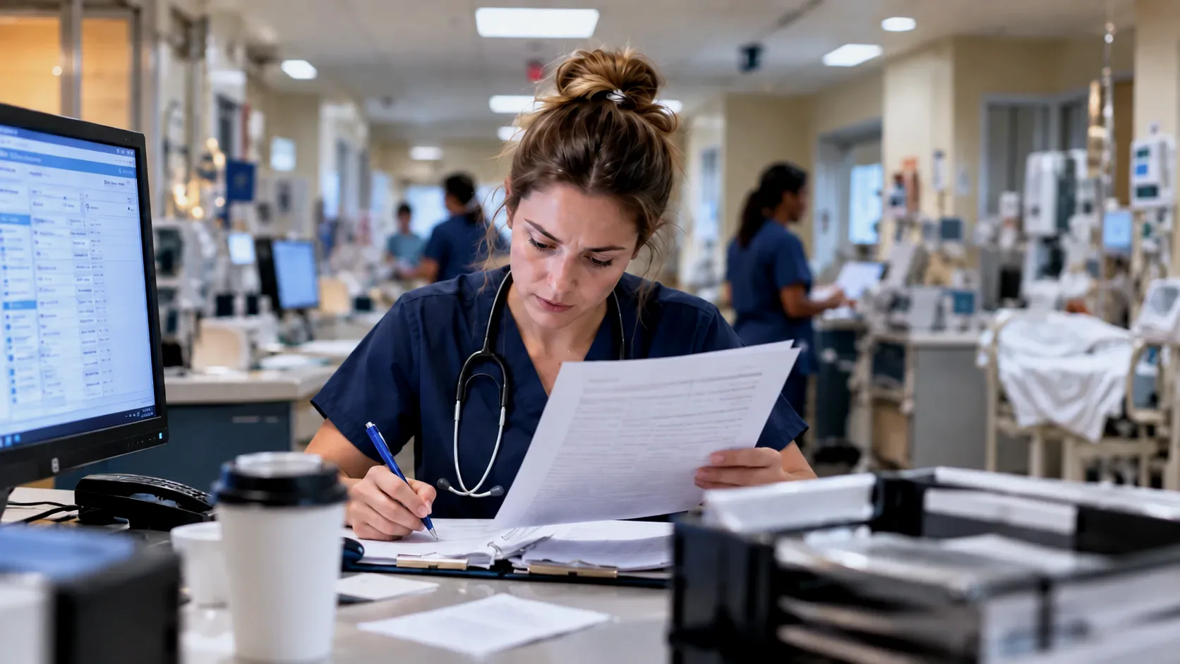A nurse at a busy station, reading a printed chart while writing notes