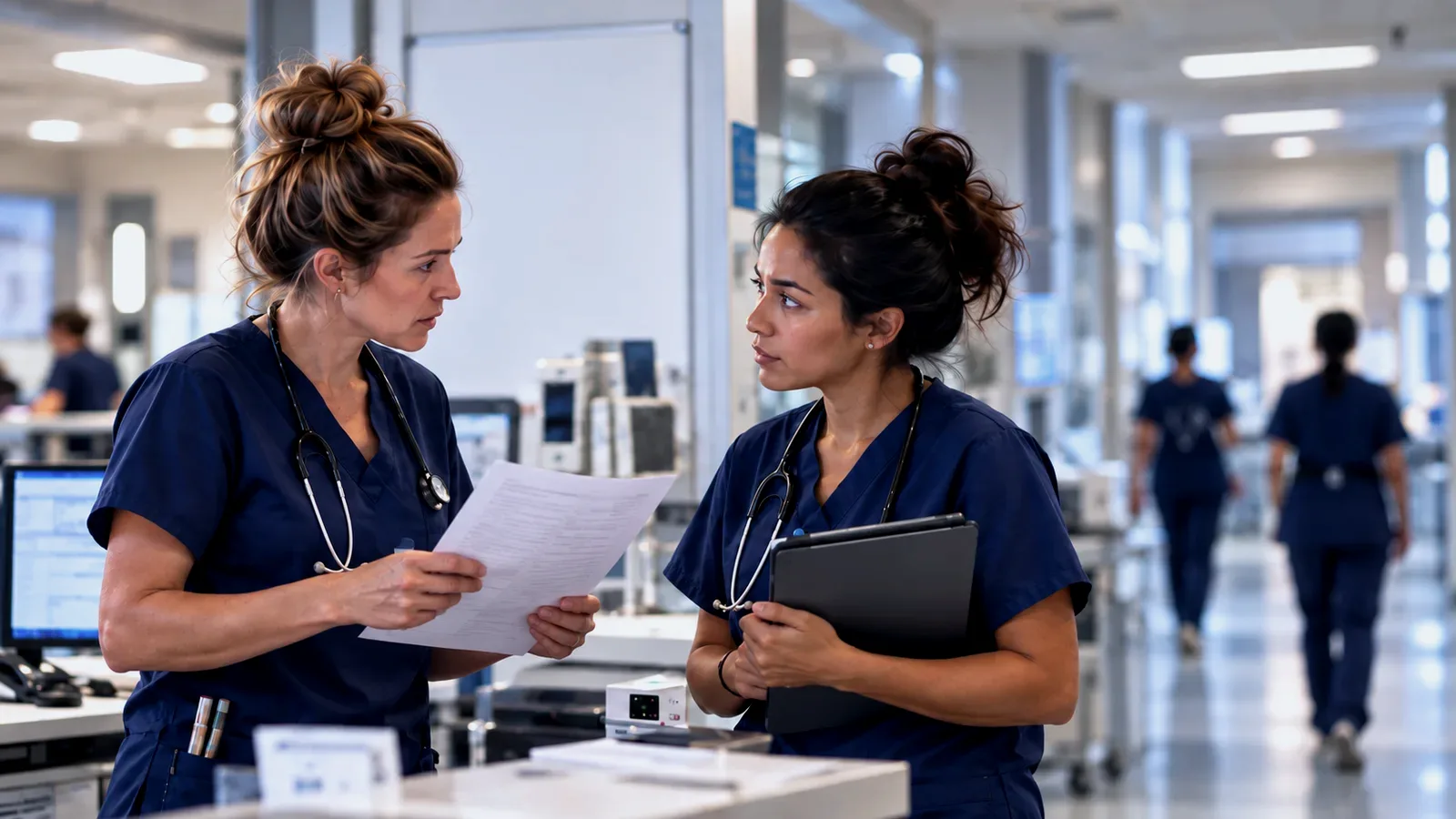 Two nurses at the station talking through the handoff at shift change